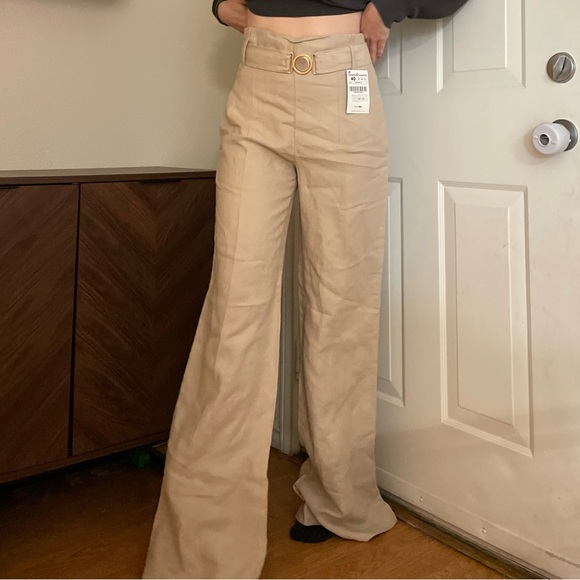 Zara Pants - ZARA Flax Linen High Rise Wide Leg Pants Belted 28/6 Tall